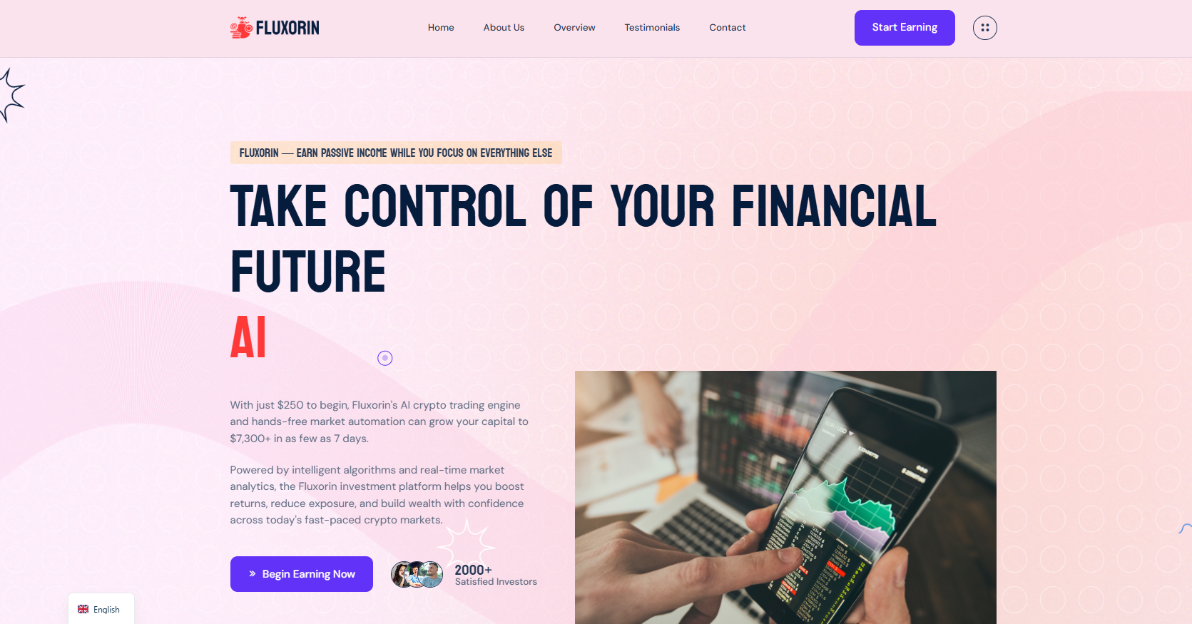 Fluxorin platform dashboard screenshot showing AI crypto trading automation